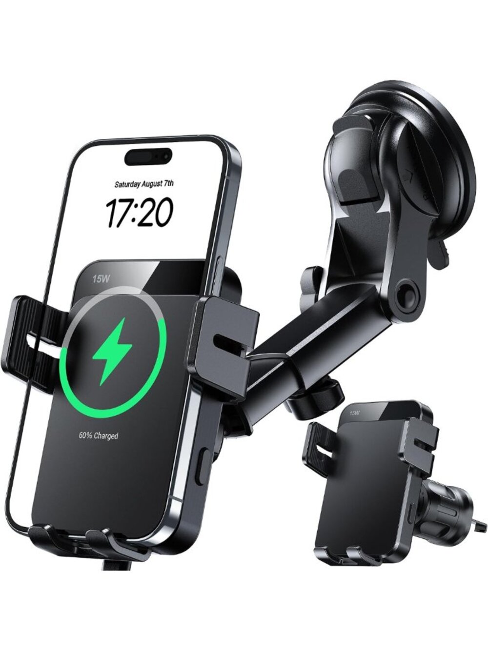 15W Wireless Car Charger & Auto Clamping Phone Holder for Dash & Vent Mount